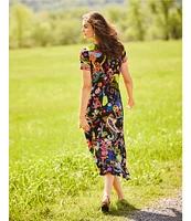 JOHNNY WAS The Janie Favorite Jenny Scarf Mixed Print Crew Neck Cap Sleeve Midi Dress