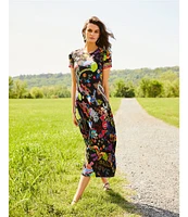 JOHNNY WAS The Janie Favorite Jenny Scarf Mixed Print Crew Neck Cap Sleeve Midi Dress