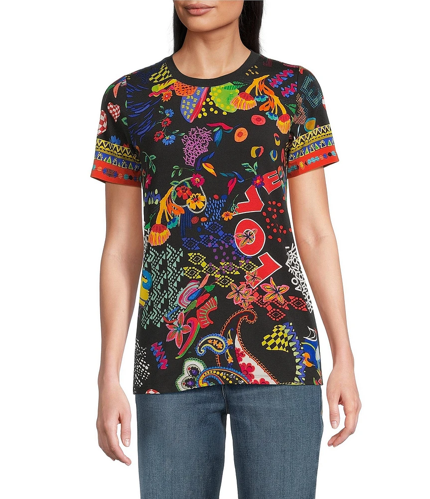 JOHNNY WAS The Janie Favorite Jenny Scarf Mixed Print Crew Neck Short Sleeve Knit Tee
