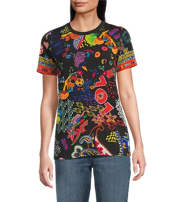 JOHNNY WAS The Janie Favorite Jenny Scarf Mixed Print Crew Neck Short Sleeve Knit Tee