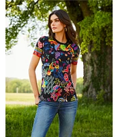 JOHNNY WAS The Janie Favorite Jenny Scarf Mixed Print Crew Neck Short Sleeve Knit Tee