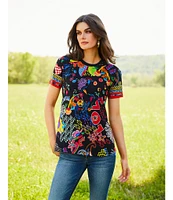 JOHNNY WAS The Janie Favorite Jenny Scarf Mixed Print Crew Neck Short Sleeve Knit Tee