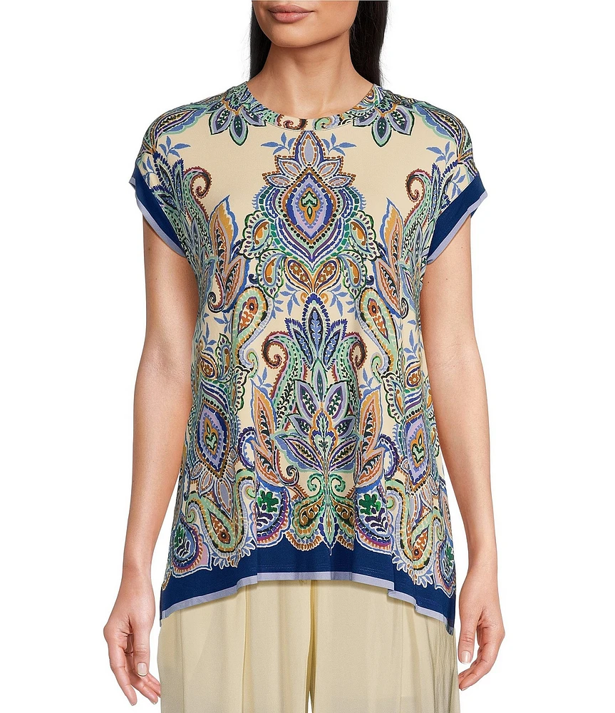 JOHNNY WAS The Janie Favorite Paisley Crew Neck Cap Sleeve Draped Tee