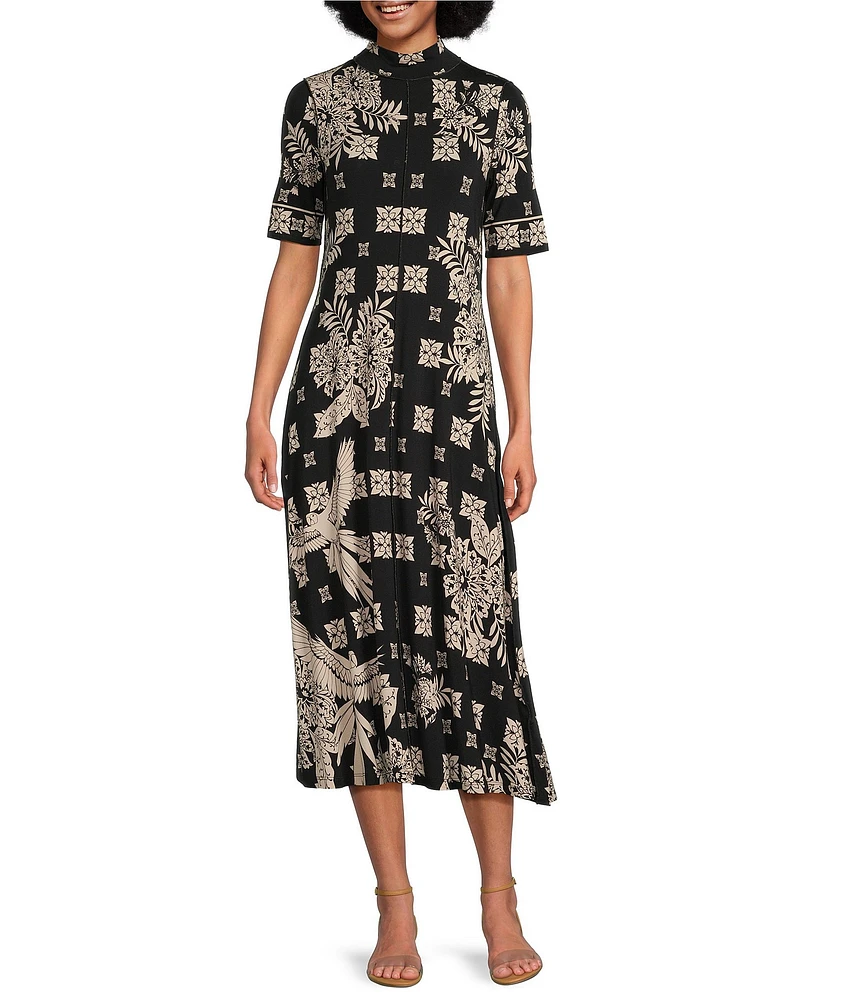 JOHNNY WAS The Janie Favorite Short Sleeve Seamed Mock Neck Printed Dress