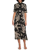 JOHNNY WAS The Janie Favorite Short Sleeve Seamed Mock Neck Printed Dress