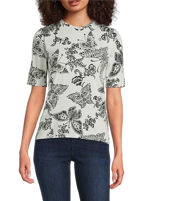 JOHNNY WAS The Janie Favorite Sydnee Butterfly Print Crew Neck Elbow Sleeve Knit Tee