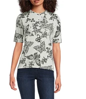 JOHNNY WAS The Janie Favorite Sydnee Butterfly Print Crew Neck Elbow Sleeve Knit Tee