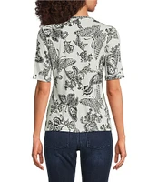 JOHNNY WAS The Janie Favorite Sydnee Butterfly Print Crew Neck Elbow Sleeve Knit Tee