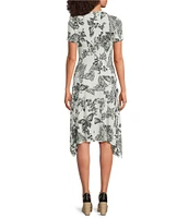 JOHNNY WAS The Janie Favorite Sydnee Butterfly Print Knit Crew Neck Short Sleeve Handkerchief Hem Dress