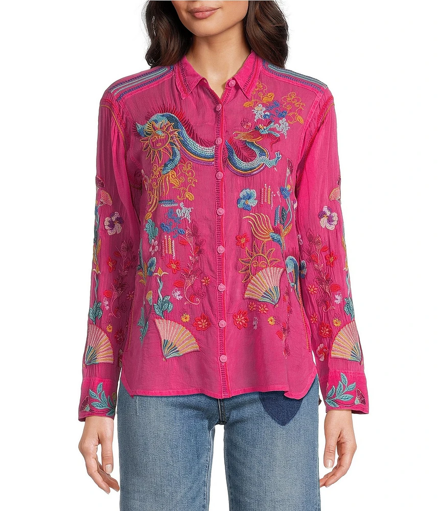 Johnny Was Velouria Embroidered Collar V-Neck Long Sleeve Button Front Blouse