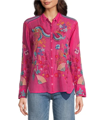 Johnny Was Velouria Embroidered Collar V-Neck Long Sleeve Button Front Blouse