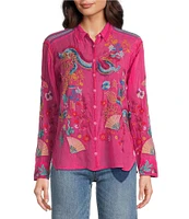 Johnny Was Velouria Embroidered Collar V-Neck Long Sleeve Button Front Blouse