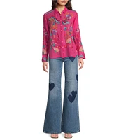 Johnny Was Velouria Embroidered Collar V-Neck Long Sleeve Button Front Blouse