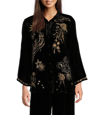 JOHNNY WAS Velvet Banded Split V-Neck Long Sleeve Embroidered Shirt