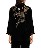 JOHNNY WAS Velvet Banded Split V-Neck Long Sleeve Embroidered Shirt