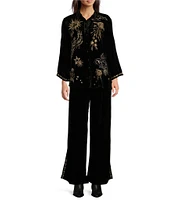 JOHNNY WAS Velvet Banded Split V-Neck Long Sleeve Embroidered Shirt