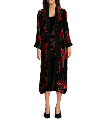 JOHNNY WAS Velvet Floral Bracelet Sleeve Open-Front Long Kimono Coat