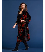 JOHNNY WAS Velvet Floral Bracelet Sleeve Open-Front Long Kimono Coat