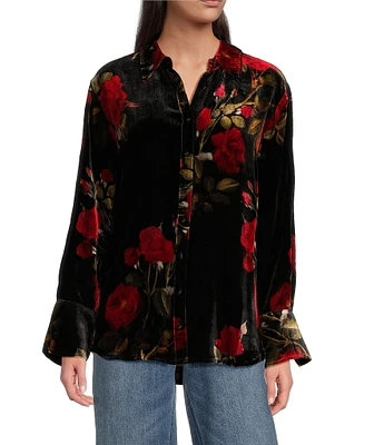 JOHNNY WAS Velvet Floral V-Neck Long Sleeve Button-Front Relaxed Seamed Shirt