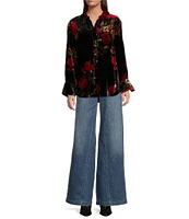 JOHNNY WAS Velvet Floral V-Neck Long Sleeve Button-Front Relaxed Seamed Shirt