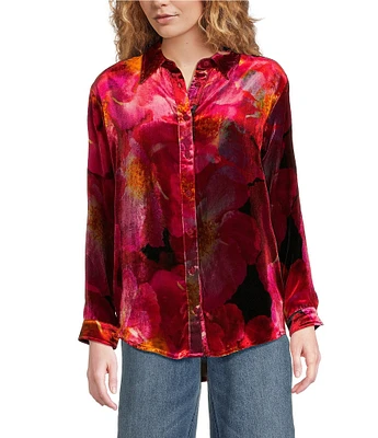 JOHNNY WAS Velvet Placement Print Point Collar Long Sleeve Oversized Button-Front Shirt