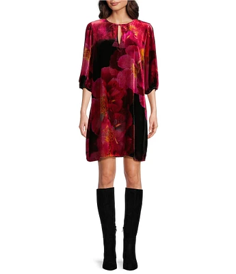 JOHNNY WAS Vesna Floral Bloom Placement Print Velvet Split Round Neck Elbow Puff Sleeve Shift Dress