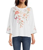 JOHNNY WAS Vienna Floral Embroidery Motif Long Kimono Sleeve Tee