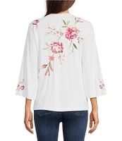 JOHNNY WAS Vienna Floral Embroidery Motif Long Kimono Sleeve Tee