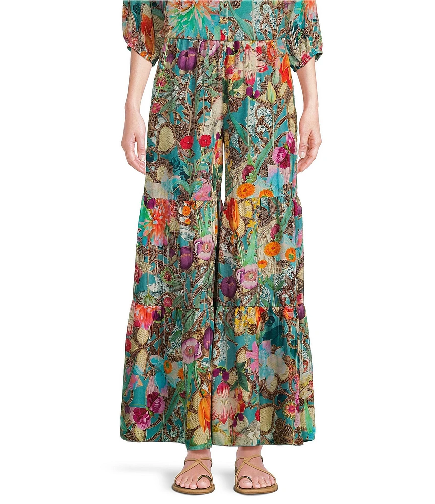 JOHNNY WAS Violetta Floral Print Tiered Coordinating Wide-Leg Pants