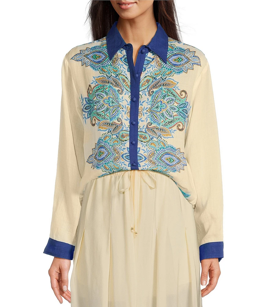 JOHNNY WAS Woven Printed Pleat Back Oversized Shirt