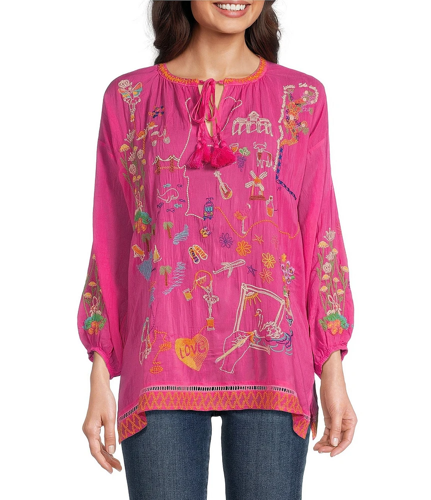 JOHNNY WAS Zadonia Whimsical Embroidered Split V-Neck 3/4 Sleeve Blouse