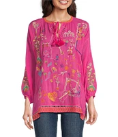 JOHNNY WAS Zadonia Whimsical Embroidered Split V-Neck 3/4 Sleeve Blouse