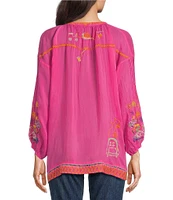 JOHNNY WAS Zadonia Whimsical Embroidered Split V-Neck 3/4 Sleeve Blouse