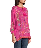 JOHNNY WAS Zadonia Whimsical Embroidered Split V-Neck 3/4 Sleeve Blouse