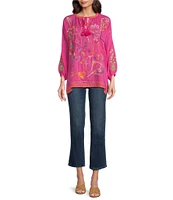 JOHNNY WAS Zadonia Whimsical Embroidered Split V-Neck 3/4 Sleeve Blouse