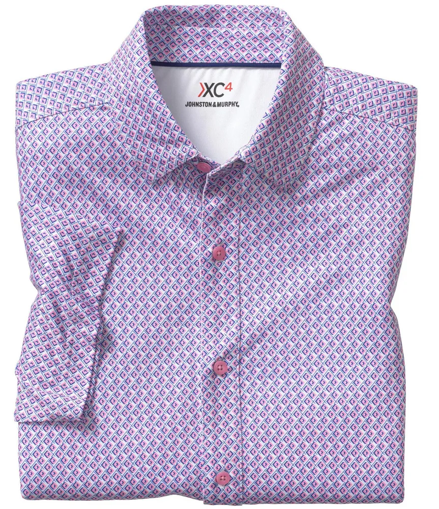 Johnston & Murphy XC4 Performance Stretch Diamond Dash Print Short-Sleeve Woven Shirt