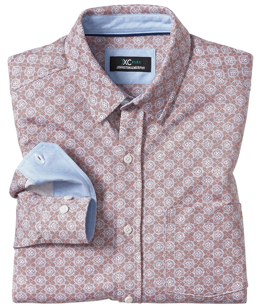 Johnston & Murphy XCFlex Birdseye Tile Print Long-Sleeve Woven Shirt