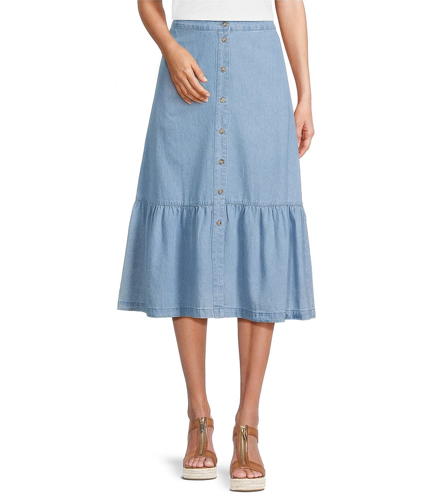 Jones New York Chambray Tiered Button Front Midi Skirt