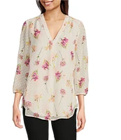 Jones New York Clip Dot Chiffon Floral Printed V-Neck 3/4 Sleeve Tunic
