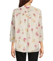 Jones New York Clip Dot Chiffon Floral Printed V-Neck 3/4 Sleeve Tunic