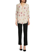 Jones New York Clip Dot Chiffon Floral Printed V-Neck 3/4 Sleeve Tunic