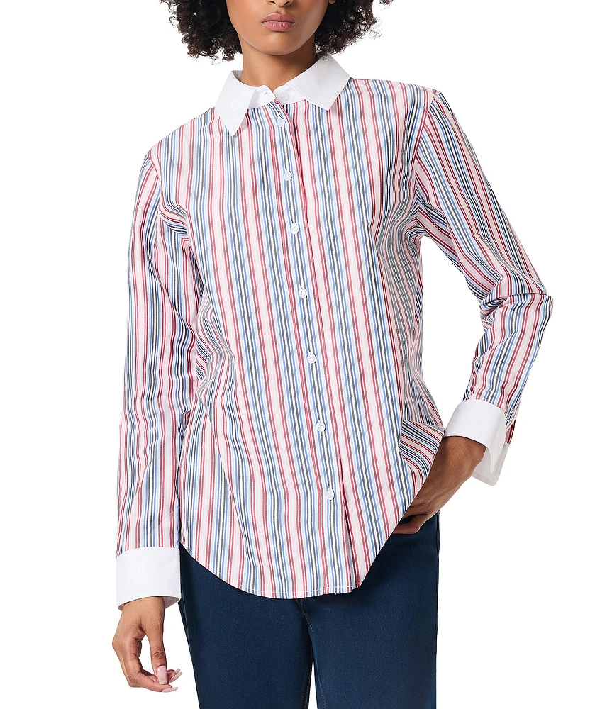 Jones New York Contrast Vertical Stripe Collared Button Front Shirt