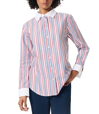 Jones New York Contrast Vertical Stripe Collared Button Front Shirt