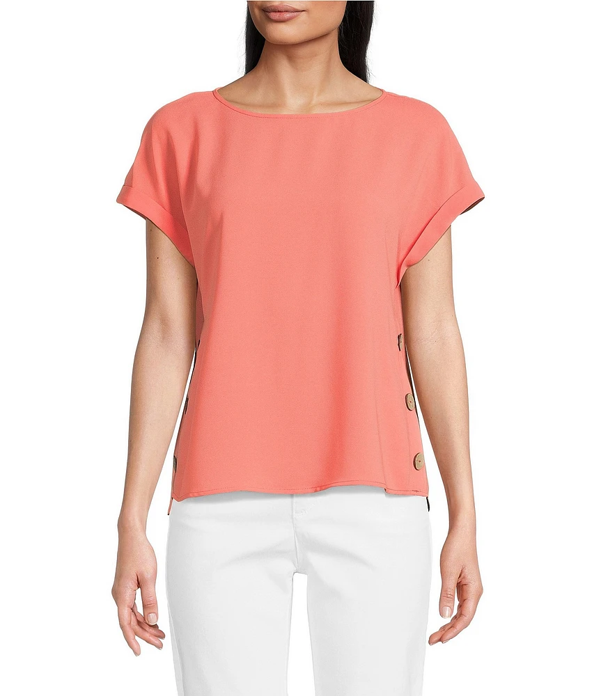 Jones New York Crew Neck Short Sleeve Button Detail Blouse