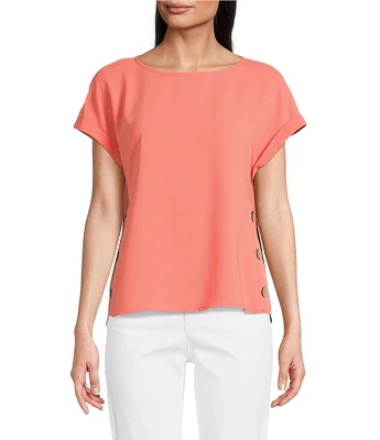 Jones New York Crew Neck Short Sleeve Button Detail Blouse