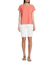 Jones New York Crew Neck Short Sleeve Button Detail Blouse