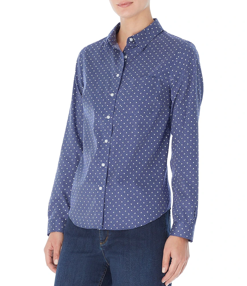 Jones New York Easy-Care Oxford Dot Print Point Collar Long Sleeve Button Front Shirt