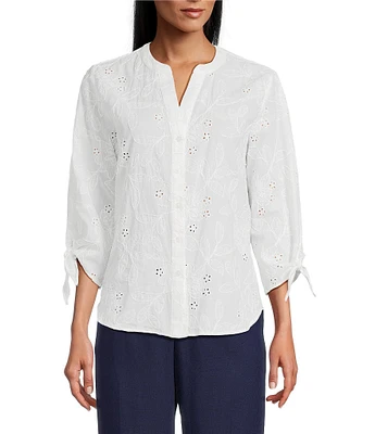 Jones New York Embroidered 3/4 Tie Sleeve Button Front Blouse