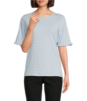 Jones New York Feeder Stripe Crew Neck Ruffled Elbow Sleeve Tee