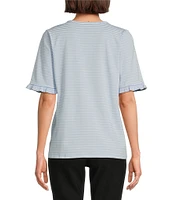 Jones New York Feeder Stripe Crew Neck Ruffled Elbow Sleeve Tee